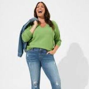 Everyday Soft V-Neck Green Raglan Sleeve Sweater, Size 3X